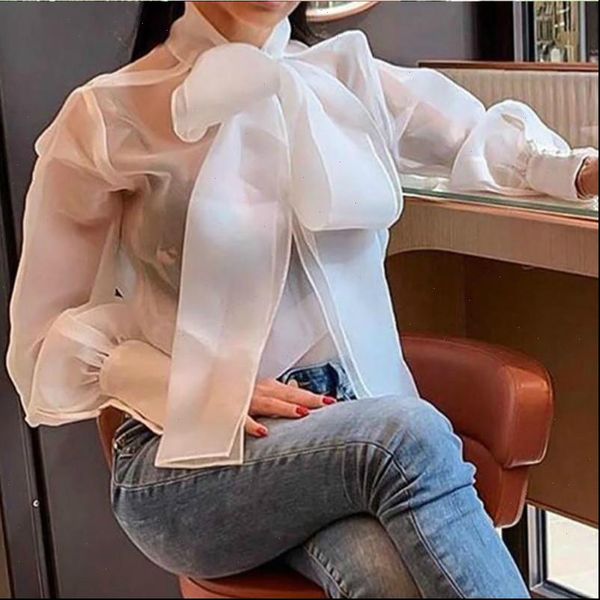 

women elegant see through sheer mesh blouse puff long sleeve club 2021 new fashion, White