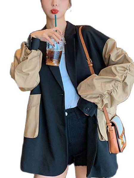 

women's suits & blazers [ewq] korea chic casual trend women lapel contrast color stitching loose fashion pocket long-sleeved blazer aut, White;black