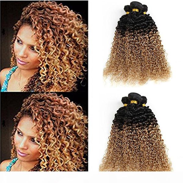 

8a ombre brazilian kiinky curly human hair extensions 3 bundles 100% remy hair weave weft 2 tone virgin curly hair bundles t1b 27, Black;brown