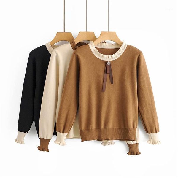 

women's sweaters sweet women ruffles o-neck sweater 2021 fashion ladies delicate button pullovers streetwear female knitted chic girl, White;black