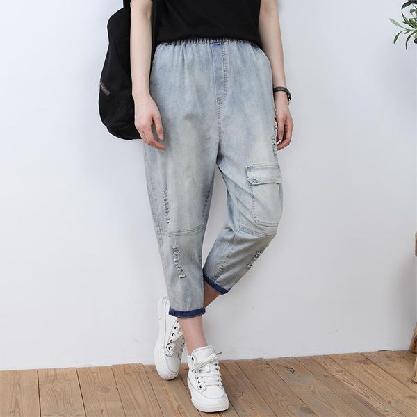 

women's jeans denim pants women summer korean high-waist harem solid color elastic waist thin loose straight trousers, Blue