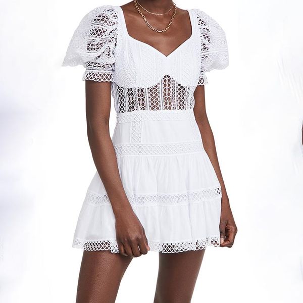

party dresses french elegant white hollow out dress for women square collar puff short sleeve patchwork lace mini female 2021 fashion, White;black