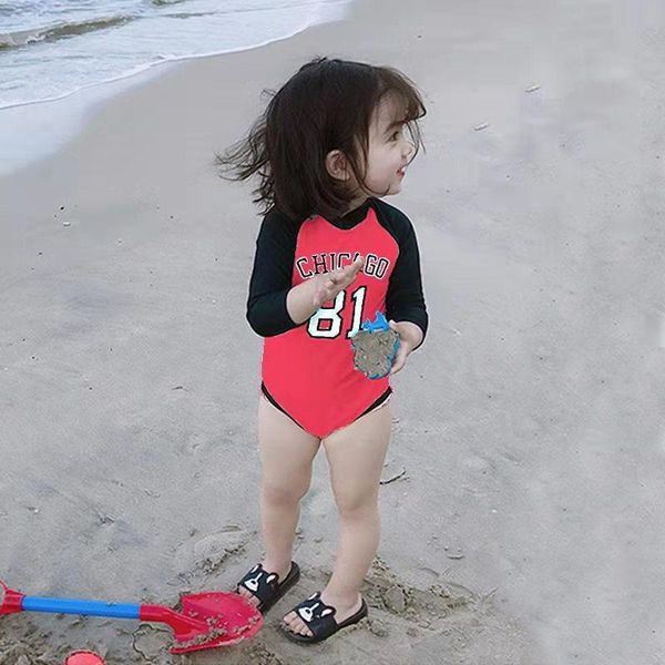 

one-piece suits children's swimsuit girl's one piece long sleeve sun-proof quick drying lovely korean princess ins