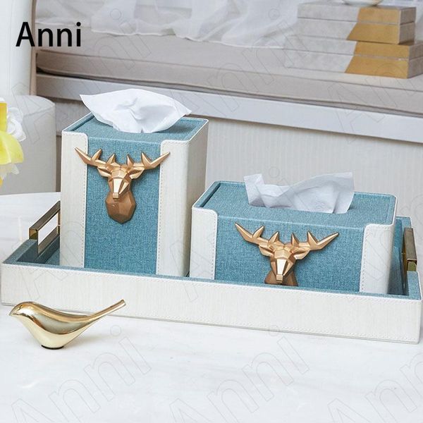 

tissue boxes & napkins creative leather elk nordic modern blue relief gold deer decorative paper towel storage box living room decoration