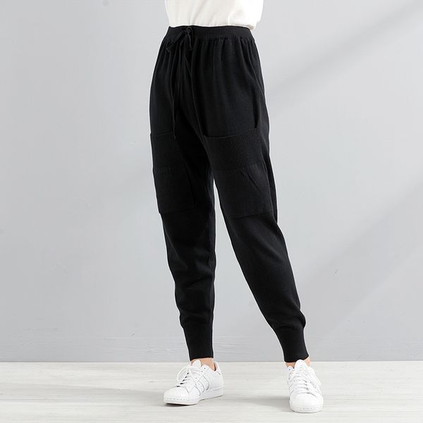 

2021 new women casual harajuku spring autumn big size long trousers solid elastic waist cotton linen ankle length pants 823 rbp0, Black;white