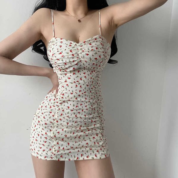 

korea temperament low chest small floral folds mini tank sleeveless party dress dresses clothes vintage 6u1o 210603, Black;gray