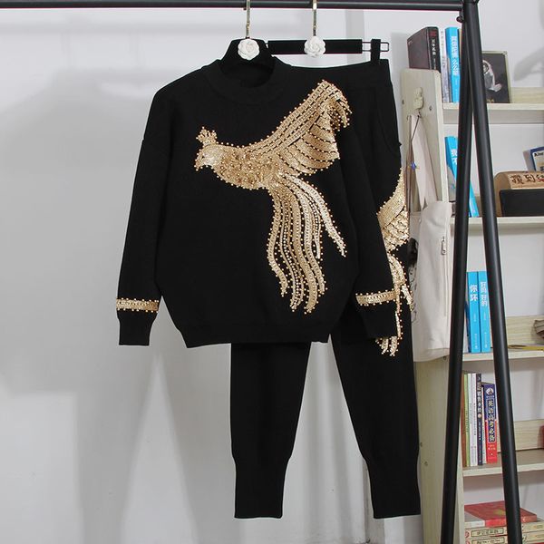 

white knit fashion beading sequin long sleeve knitted sweater + casual pants 2 pieces set women tracksuit twj1, Blue