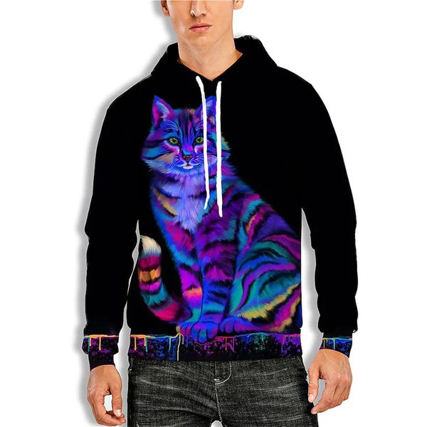 

color cat pattern fierce 3d printing hoodie visual impact party punk goth round neck sweater hoodie, Black