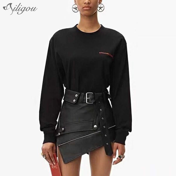 

summer fashion ladies faux leather mini skirt black irregular pu belt zipper high waist female 210527