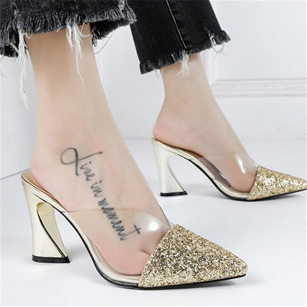 

slippers 2021 women summer square 8cm high heels mules closed toe slingback glitter transparent slides sequins gold shoes, Black