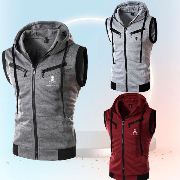 

men's vests 2021 summer solid color hooded sleeveless vest printed zipper sporty casual fashion large size comfortable jacket, Black;white