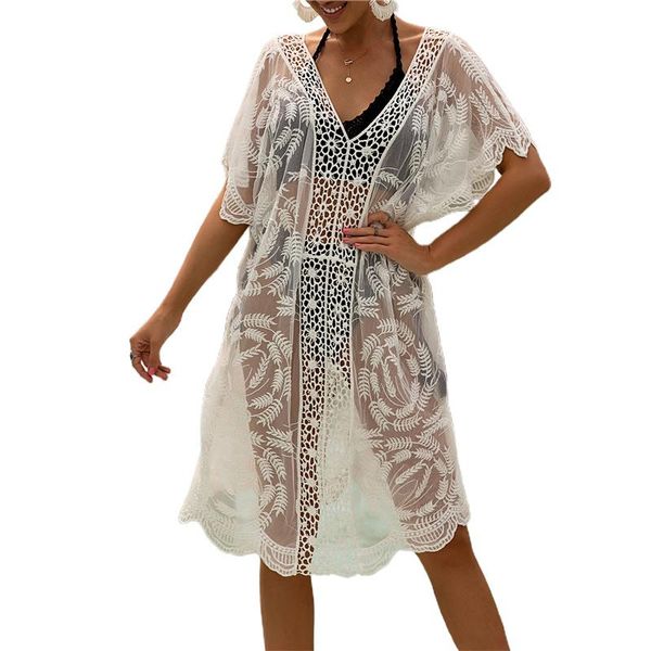

women's swimwear 2021 white dress hollow out beach short sleeve sheer crochet swimsuit cover up ladies bench wear, White;black