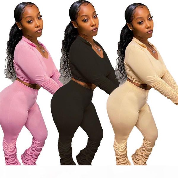 

women stack pants set casual solid color long sleeve v neck two piece sets lapel neck high waist women suits, White