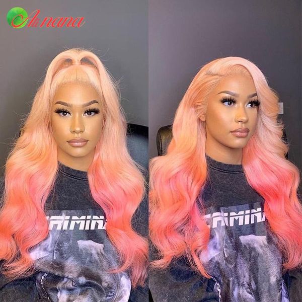 

lace wigs 13Ã4 hd frontal wig peruvian body wave human hair pre-plucked with baby 613 ombre pink colored 150% density, Black;brown