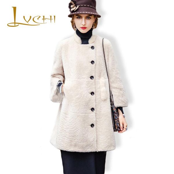 

women's fur & faux lvchi winter fashion elegant mink coats pink single breasted button slim medium 2021 lamb thick warm full sleeve, Black