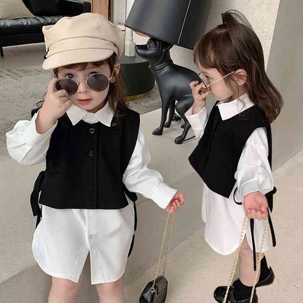 

autumn vest shirt 2 piece korean childrens suit girls clothing set, White