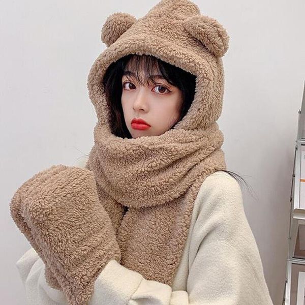 

cute bear ear hat casual plush hat scarf gloves set winter women novelty caps warm casual solid fleece women's caps