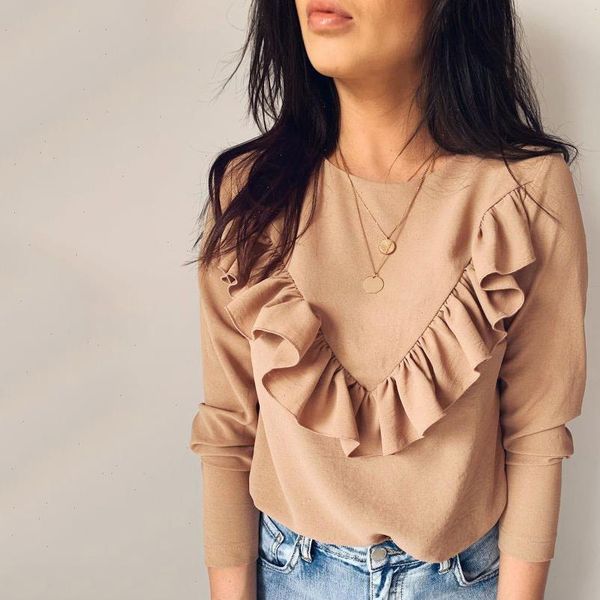 

white black khaki ruffles patchwork sweet women autumn loose casual shirts long sleeve o neck female blouses ladies