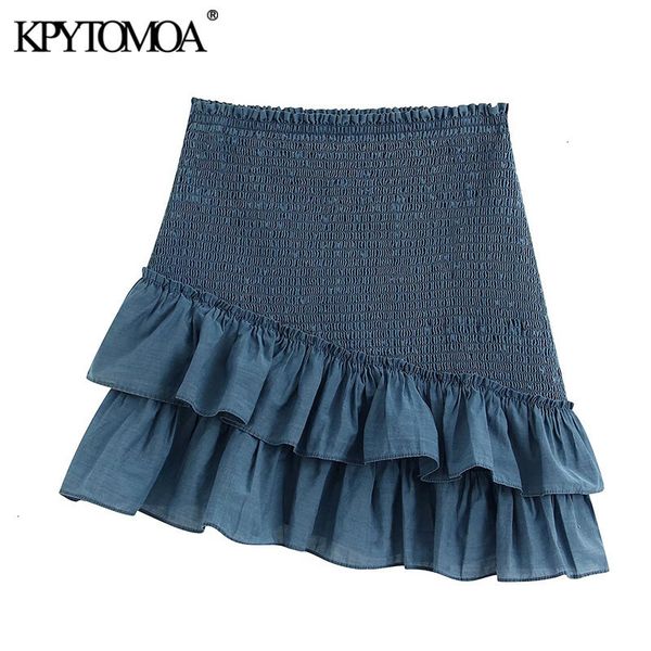 

kpytomoa women 2021 sweet fashion shirred detail mini skirt vintage elastic waist ruffled female skirts casual faldas mujer cx200703, Black