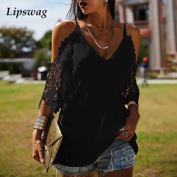 

women's blouses & shirts summer embroidery off shoulder pullover backless hollow out 3/4 sleeve blouse women elegant v neck sling, White