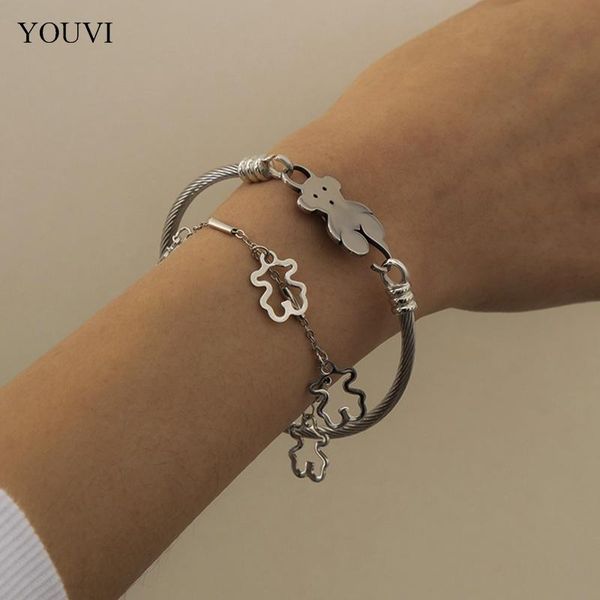 

link, chain youvi bear chunky goth bracelets for women couple adjustable lock bracelet on hand jewelry charm gifts, Black