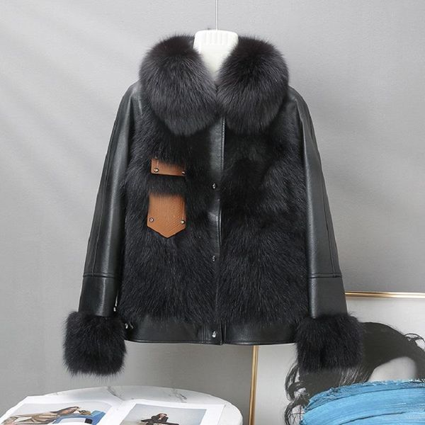 

women's fur & faux black real coat women natural 100% sheepskin fashion short furry winter jacket patchwork parka femme luxury clothes