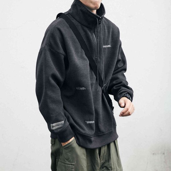 

men's hoodies & sweatshirts fall winter embroidered thick turtleneck high japanese streetwear quality casual pullover harajuku male 35q, Black