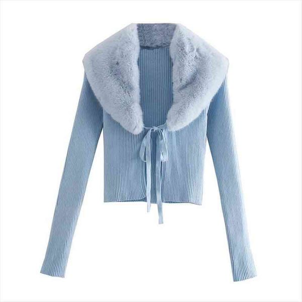 

women faux fur v-neck patchwork cardigan knitting short sweater female chic long sleeve single breasted slim blue sale, White;black