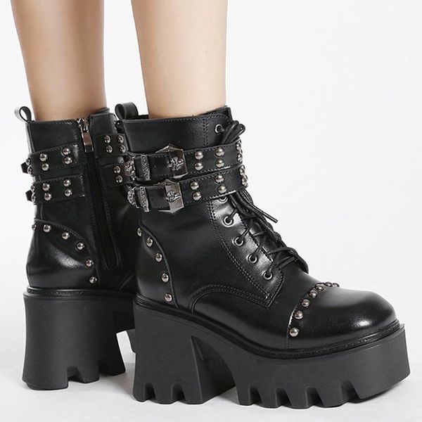 

boots women ankle black shoes high platform winter short bota wedges for rivert autumn bootie gothic punk style boot 2021