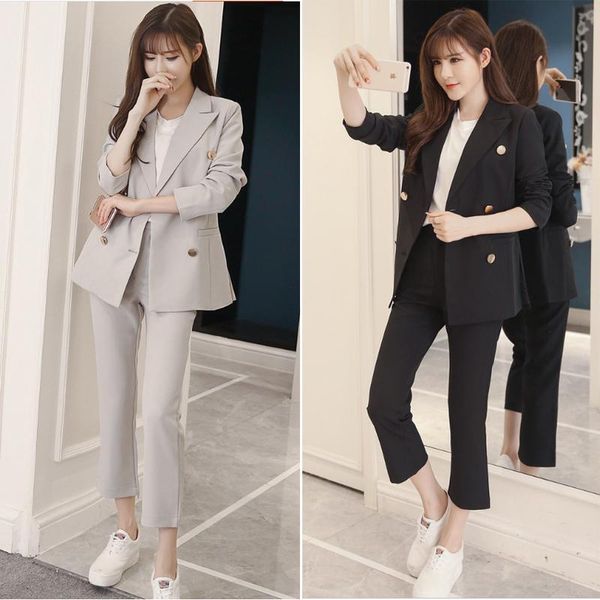 

women's tracksuits 2 piece outfits for women fashion office ladies temperament simple casual jacket nine pants suit female spring and a, Gray