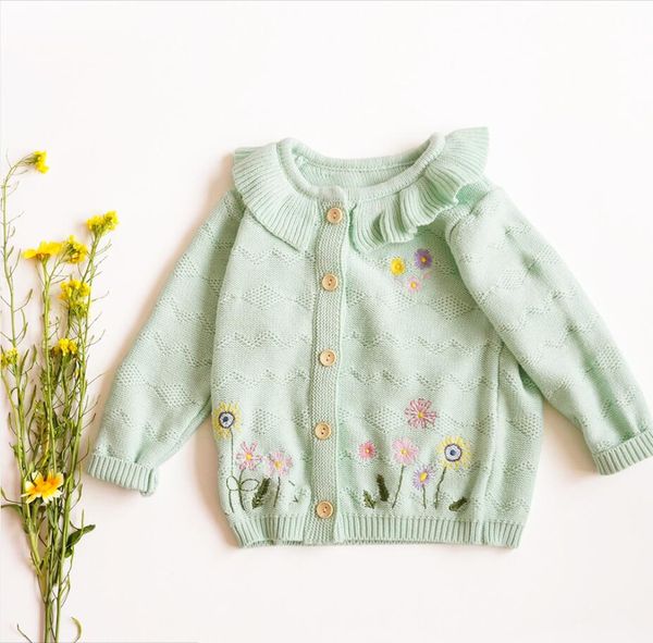 Ins baby девушка одежда вязаный кардиган с длинным рукавом оборудованные воротник цветочный дизайн зеленый свитер 100% хлопок верхняя зима теплая одежда