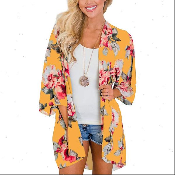 

women chiffon kimono cardigan floral printed long sleeve blouse summer autumn beach cover up long boho loose ladies shirts, White