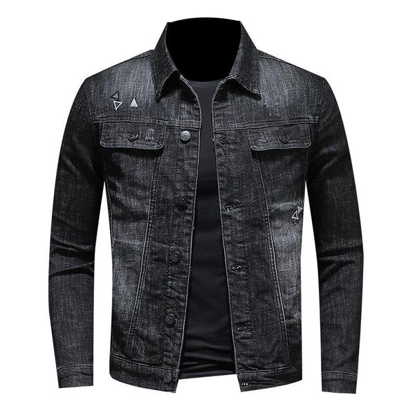 

black embroidered denim jacket men short casual turn-down collar solid single breasted cotton men clothing denim jacket, Black;brown