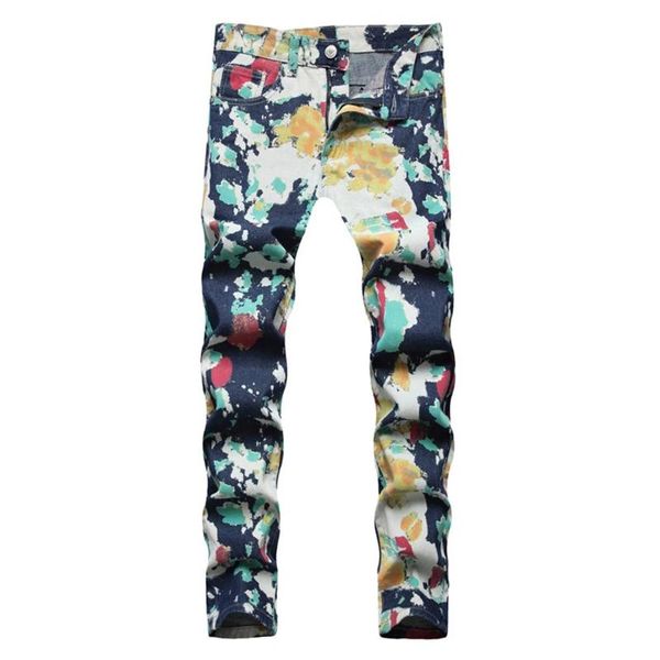 

men's jeans 2021 colored printed fashion slim straight stretch denim pants painted trousers for men 5022, Blue