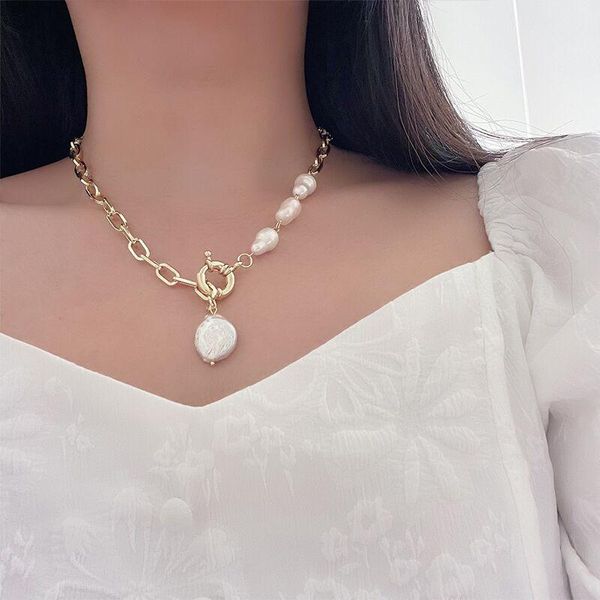 

chains vintage baroque pearl chain choker necklace for women asymmetric link lock necklaces jewellery christmas party girl gift, Silver