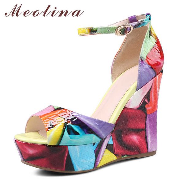 

meotina sandals shoes women genuine leather sandals wedges super high heel sandals peep toe ankle strap ladies footwear summer 210608, Black