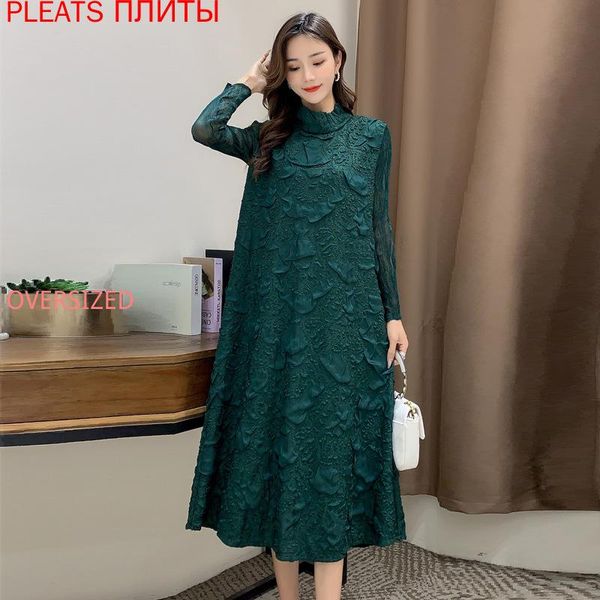 

casual dresses women's autumn and winter fashion small high collar embossed splicing celebrity long sleeve dress mid miyake pleats, Black;gray
