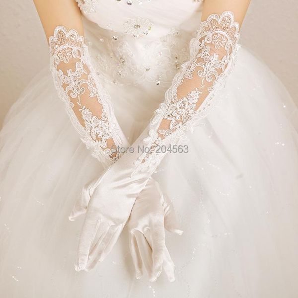 

bridal gloves vintage wedding party fingerless lace elbow length with beads accessories, White