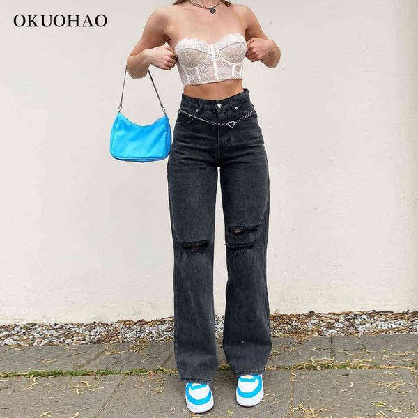 

black ripped straight leg jeans for women fashion tassel loose y2k streetwear baggy jean pants mom casual wash vintage trousers 211129, Blue
