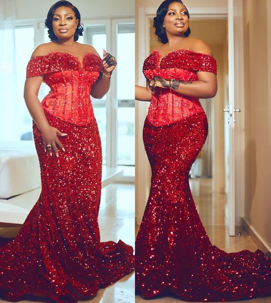 2022 Plus Size Arabo Aso Ebi Sirena rossa scintillanti abiti da ballo in rilievo pizzo sera sexy festa formale secondo ricevimento compleanno abiti di fidanzamento vestito ZJ677