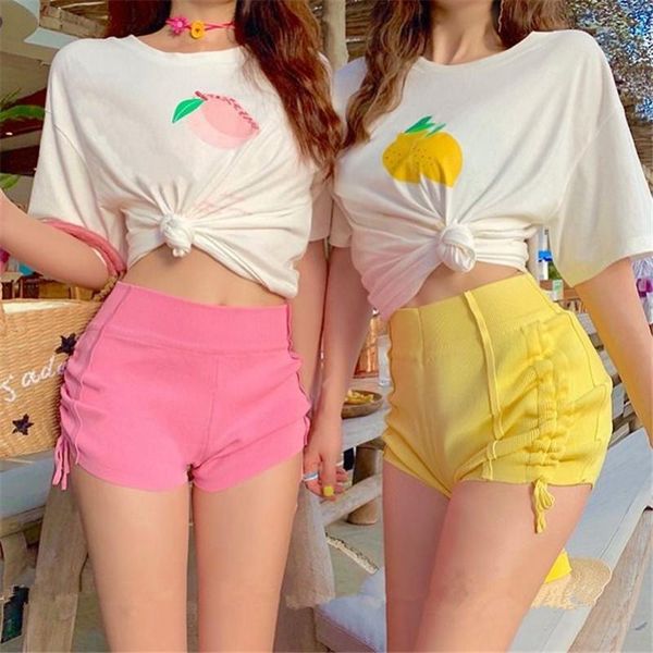 

women's shorts korean style summer lace up women candy color casual elastic high waist knitted gym jogging yoga pants feminino, White;black