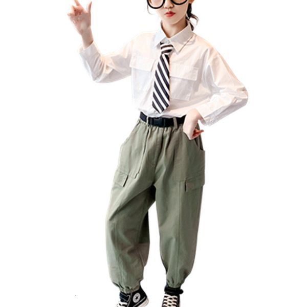 

2021 new teen fall children clothes baby girl tie solid shirt green army pants outfit 2pcs suit 5-14y sweatshirt 8usw, White