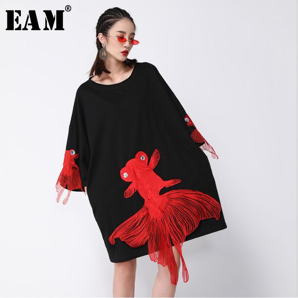 

[eam] new spring summer wrist sleeve o collar fish embroidery pullover women fashion tide loose knee-length dress oa868 210303, Black;gray