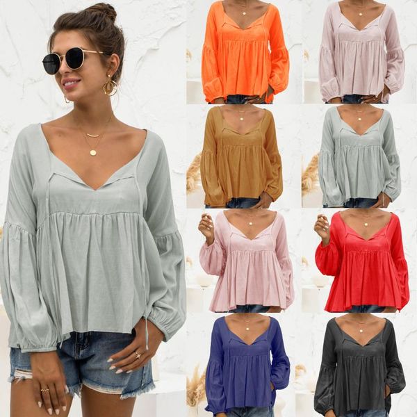 

women's blouses & shirts solid color patchwork v-neck long lantern sleeve clothing 2021 casual loose blusas femme y2k, White