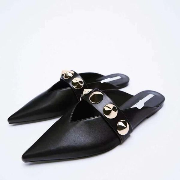 

slippers flat shoes female cover toe woman's mules beige heeled sandals rivet slides fashion shallow 2021 black pointed