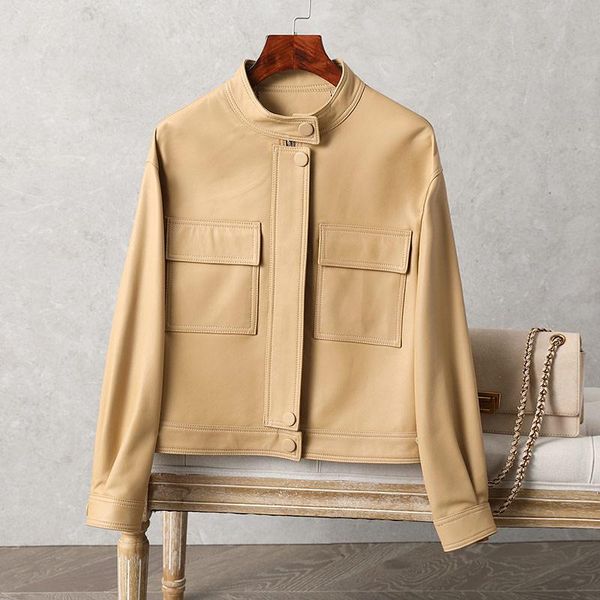 

women's leather & faux shzq 2021 jacket short fashion stand collar sheep spring and autumn silhouette is thi, Black