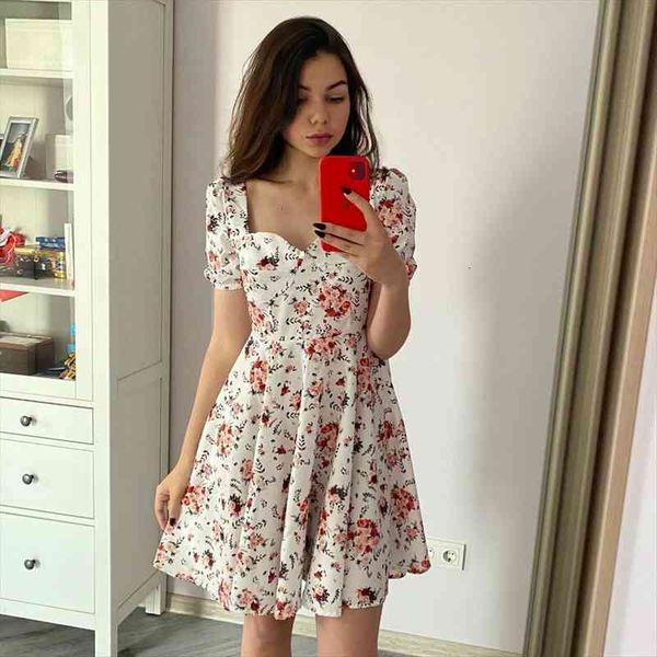 

summer dress print women square collar puff sleeve white dress elegant short sleeve chiffon office lady elegant midi, Black;gray