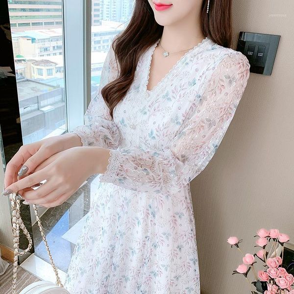 

casual dresses french floral dress children's spring and autumn clothes 2021 fashion early temperament chiffon fairy, Black;gray