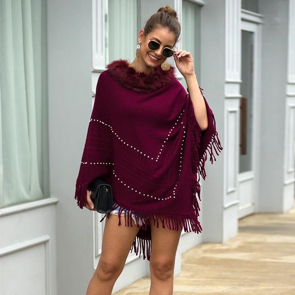 

women's sweaters sweater tassel shawl cloak 2021 autumn winter wool collar nail bead jumper, White;black