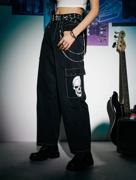 

romwe skull graphic contrast binding pants r24r#, Black;white